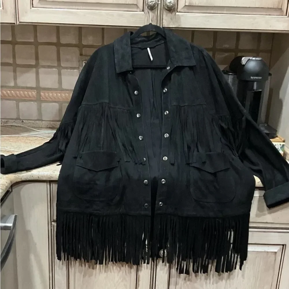 Free People The Lucky Ones Suede Jacket Fringed Studded Snap Front Black - Picture 6 of 7